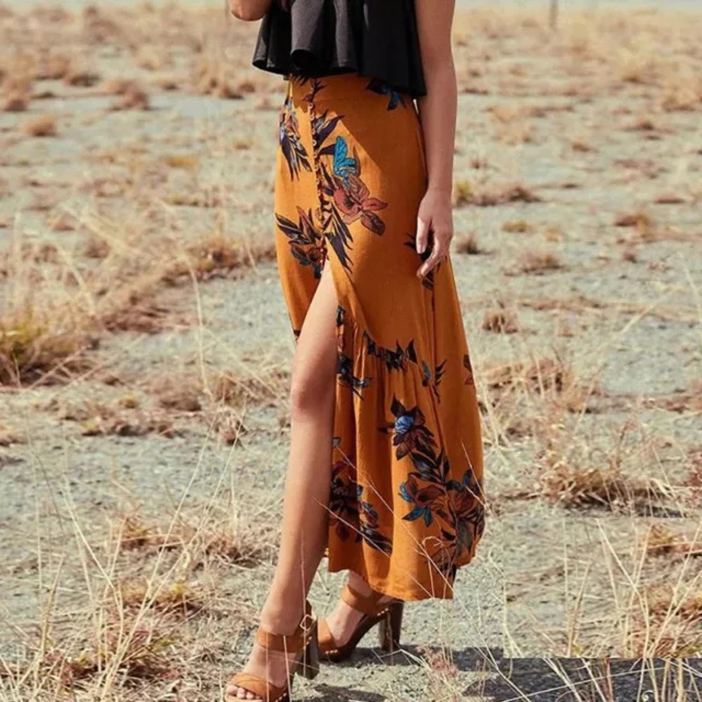 Electric Orchid Button MAXI Skirt Gold Red Floral - Picture 2 of 5